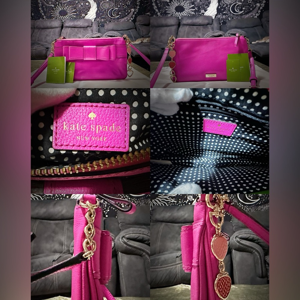 Y2K Kate Spade pink soft leather Fuchsia Crossbody Bag with strawberry keychain - Picture 8 of 17